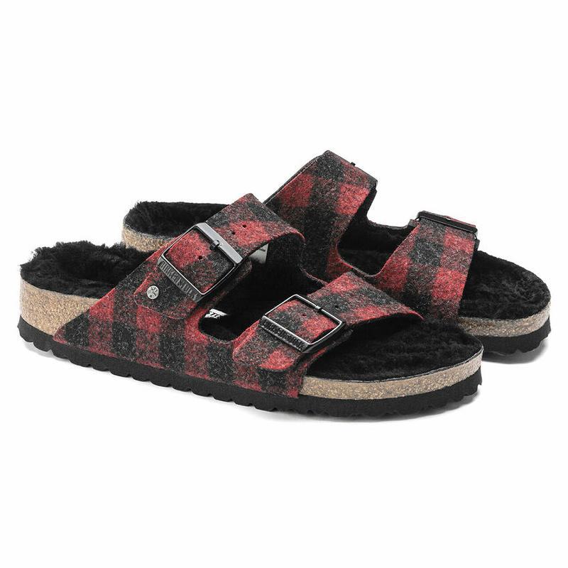 Birkenstock Shearling Plaid Wool Arizona Dame Rød | DK 82OKI